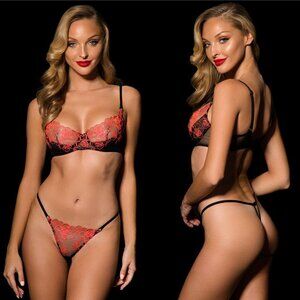Honey Birdette Lyndl Black & Neon Coral Lace Bra Thong Set - 36G